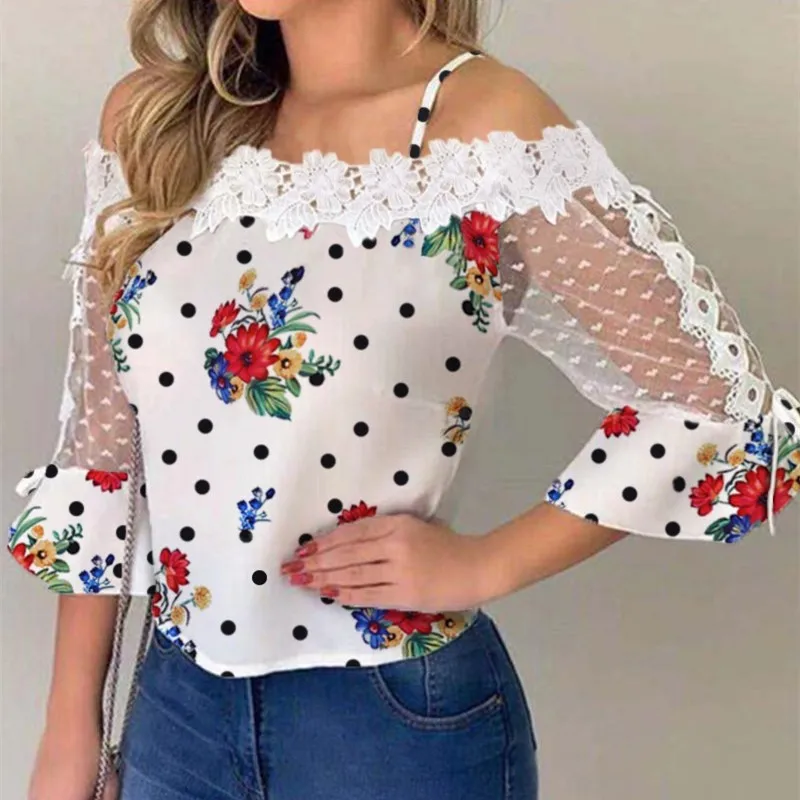 

Lace Polka Dot Fashion Party Tops Thin Fashion Basics Elegant Casual Shirts Off Shoulder Mesh Dot Floral Shirts Spring Summer
