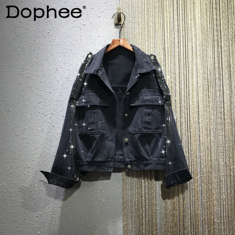Heavy Rhinestone Tassel Denim Jacket Women's Outerwear 2022 Spring Autumn New Clothes Loose Ripped Short Jean Jacket Coat Trendy
Heavy Rhinestone Tassel Denim Jacket Women's Outerwear 2022 Spring Autumn New Clothes Loose Ripped Short Jean Jacket Coat Trendy