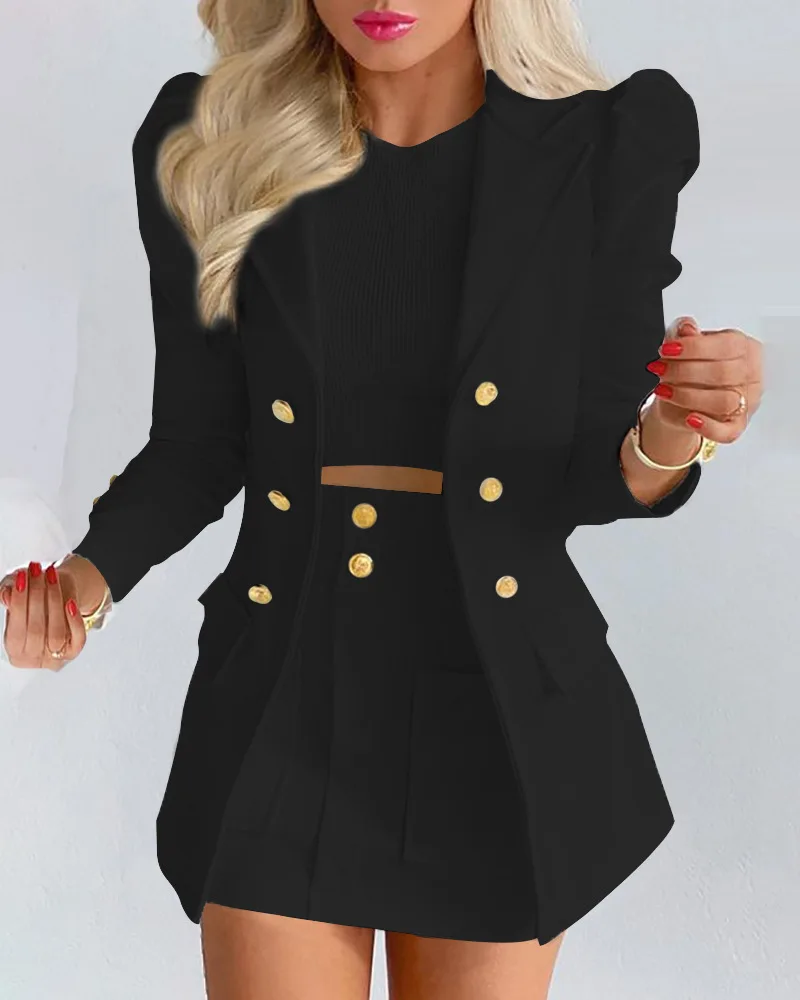 Solid color bubble sleeve blazer & skirt sets elegant two piece suits set 2022 women's office lady skirts suits blazer femme
Solid color bubble sleeve blazer & skirt sets elegant two piece suits set 2022 women's office lady skirts suits blazer femme