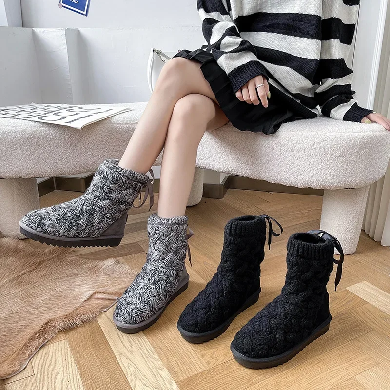 

Winter Women Keep Warm Mid-calf Boots Knitting No Skid Thick Bottoms Snow Boots Fur Inside Woolen Yarn Ladies Flat Heels Boots