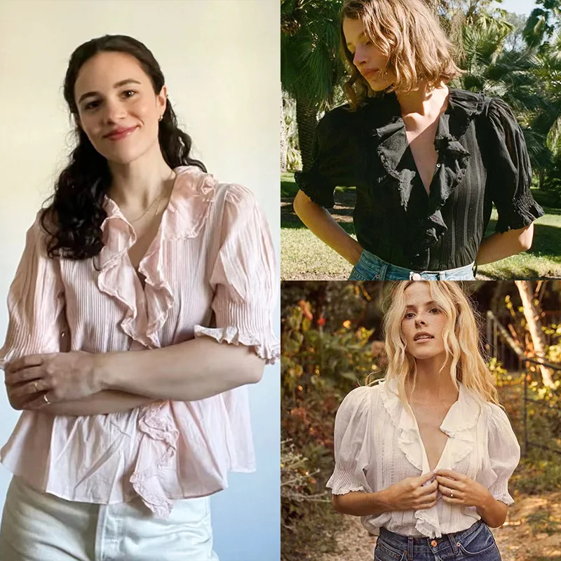 Women's Deep V Sweet Ruffles Shirt Solid Color Short Sleeve 2023 Summer Ladies Blouse Chemise
Women's Deep V Sweet Ruffles Shirt Solid Color Short Sleeve 2023 Summer Ladies Blouse Chemise