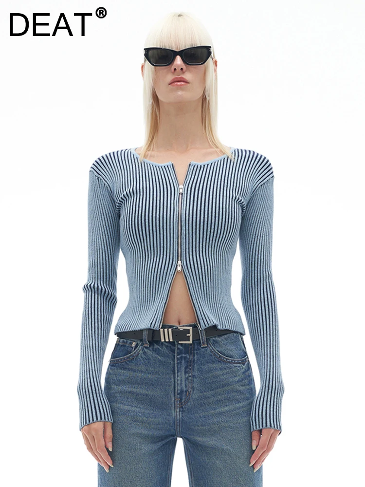 DEAT Fashion Women's Knit Cardigan Round Collar Long Sleeves Front Zipper Slim Contrasting Colors Sweater Autumn 2023 New 7AB279
DEAT Fashion Women's Knit Cardigan Round Collar Long Sleeves Front Zipper Slim Contrasting Colors Sweater Autumn 2023 New 7AB279