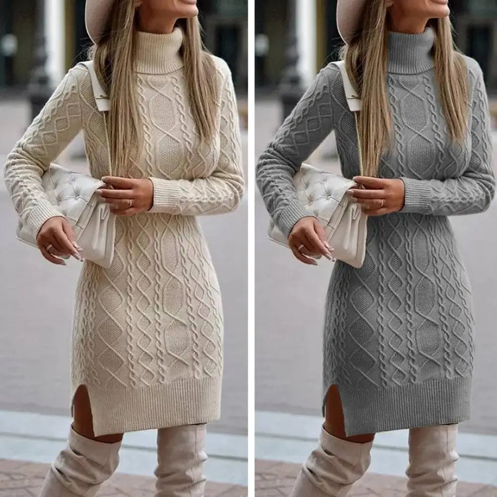 Ladies Elegant Autumn Winter Knitted Sweater Dress Casual Ladies Solid Color Long-sleeved High-neck Split Tight Dress Vestidos 
Ladies Elegant Autumn Winter Knitted Sweater Dress Casual Ladies Solid Color Long-sleeved High-neck Split Tight Dress Vestidos