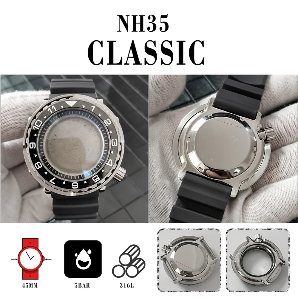 45mm Stainless Steel Watch Case Canned Style Black Inner Shadow Mineral Glass for NH35/NH36 Movement + Black/White Rubber Strap
45mm Stainless Steel Watch Case Canned Style Black Inner Shadow Mineral Glass for NH35/NH36 Movement + Black/White Rubber Strap