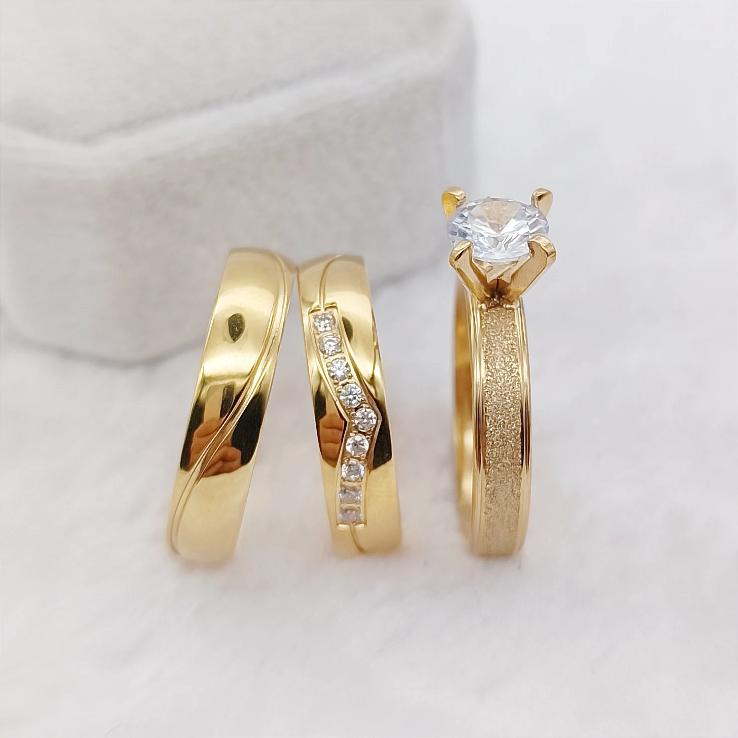 

3pcs Promise Wedding Engagement Rings Sets For Couples Statement Lover's Alliances 24k Gold Plated Jewelry Marriage Ring
