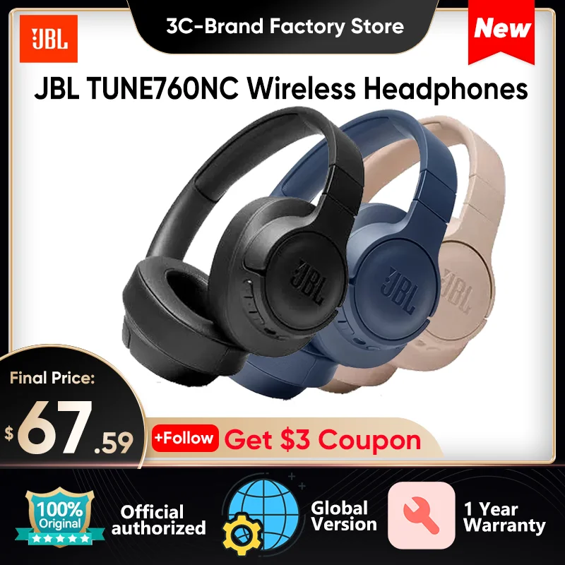 

100% Original JBL TUNE 760NC Wireless Bluetooth Headphones Active Noise Cancellation Music Game Sports T760NC Headset Handsfree