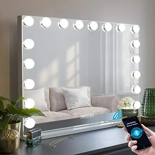 Makeup Vanity Mirror with Lights, 28"x23" Large Lighted Bedroom Mirror with 18 Dimmable Bulbs and USB Charge Port, 3 Col Non rev 
Makeup Vanity Mirror with Lights, 28"x23" Large Lighted Bedroom Mirror with 18 Dimmable Bulbs and USB Charge Port, 3 Col Non rev