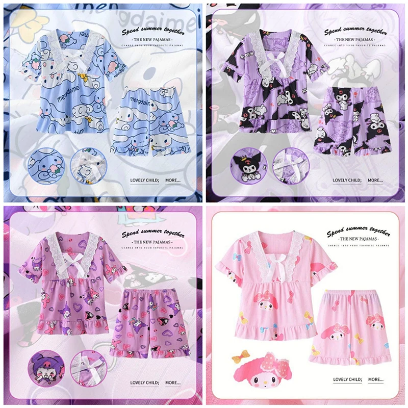 

Kawaii Sanrios Kids Nightdress Cute Anime Mymelody Kuromi Cinnamoroll Cartoon Pajamas Summer Short Sleeve Dress Homewear Girl