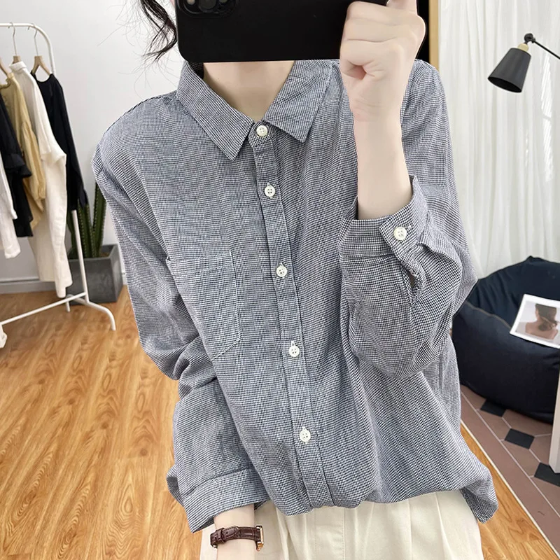 Korean Cotton Plaid Long Sleeve Shirt Women's Spring Autumn Loose Vintage Blouse Lapel Shirt Womens Tops
Korean Cotton Plaid Long Sleeve Shirt Women's Spring Autumn Loose Vintage Blouse Lapel Shirt Womens Tops
