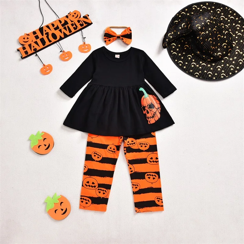 Toddler Girls 3Pcs Halloween Outfits Long Sleeve Skull Print Dress Tops + Pants + Headband Set Spring Autumn Clothing
Toddler Girls 3Pcs Halloween Outfits Long Sleeve Skull Print Dress Tops + Pants + Headband Set Spring Autumn Clothing
