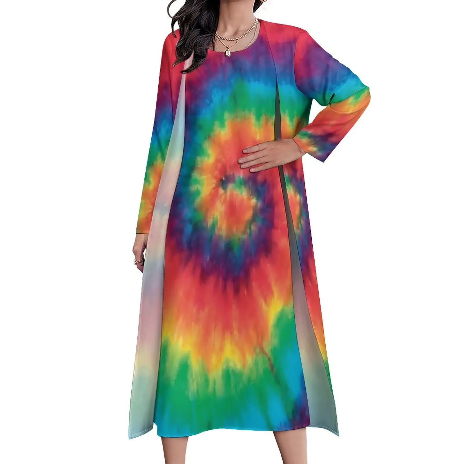 

Hippie Tie Dye Dress Spiral Rainbow Party Maxi Dress Two Piece Design Casual Long Dresses Aesthetic Oversized Vestido