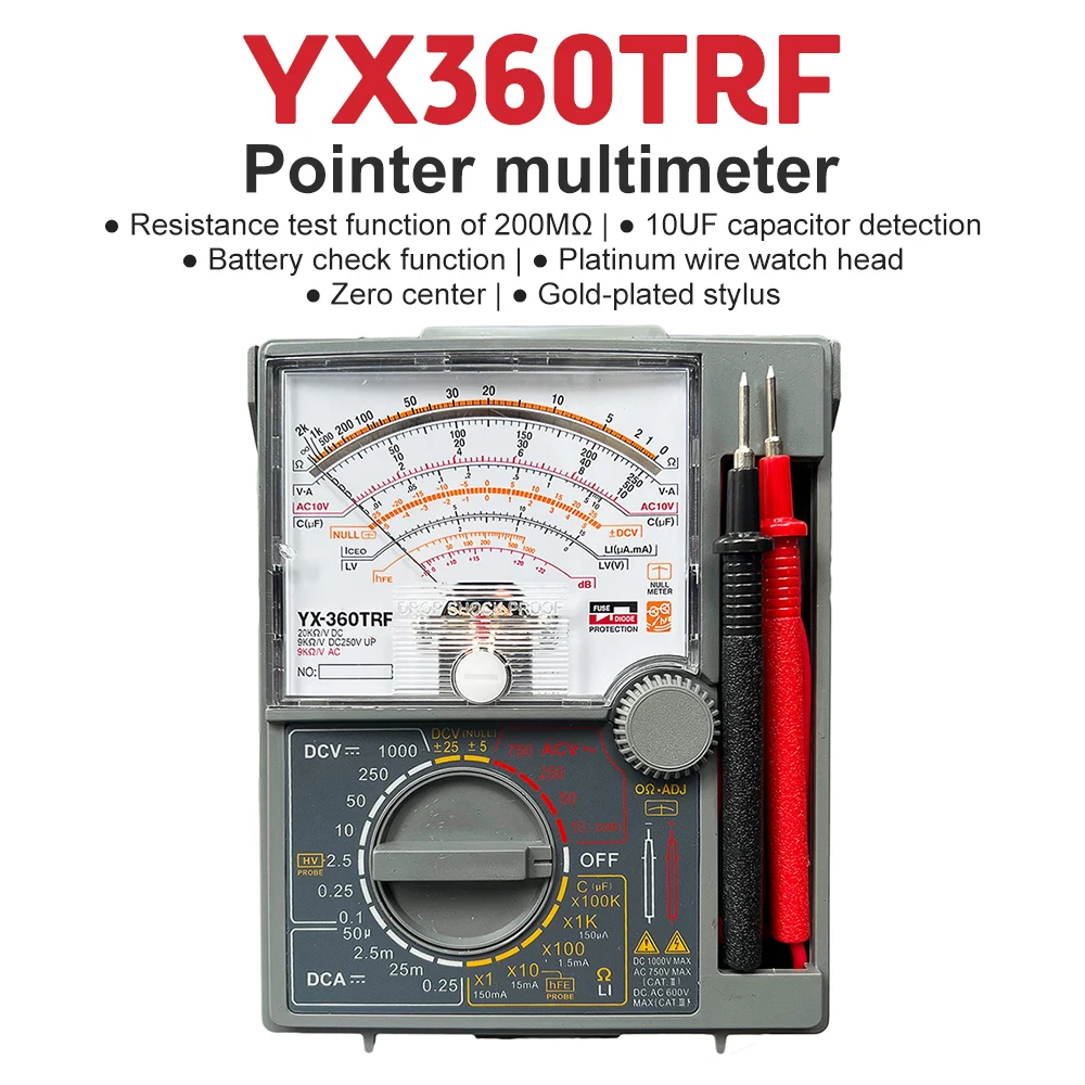 YX-360TRF Multimeter Pointer Multimeter Voltage Detector 200Mohm Resistance Measurement Voltage Frequency Tester
YX-360TRF Multimeter Pointer Multimeter Voltage Detector 200Mohm Resistance Measurement Voltage Frequency Tester