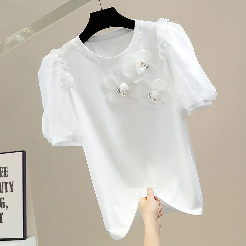 VANOVICH Beaded Diamond Sweet Three-dimensional Flower Decoration Vintage Pleated Puff Sleeves O-neck Pullover Casual T-shirt
VANOVICH Beaded Diamond Sweet Three-dimensional Flower Decoration Vintage Pleated Puff Sleeves O-neck Pullover Casual T-shirt