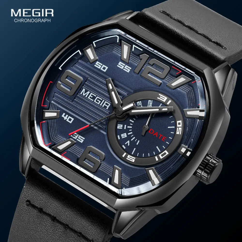 

Fashion Megir Brand Casual Sport Watches Men Leather Quartz Watch With Auto Date Luminous Hands Waterproof Octagon Wristwatch