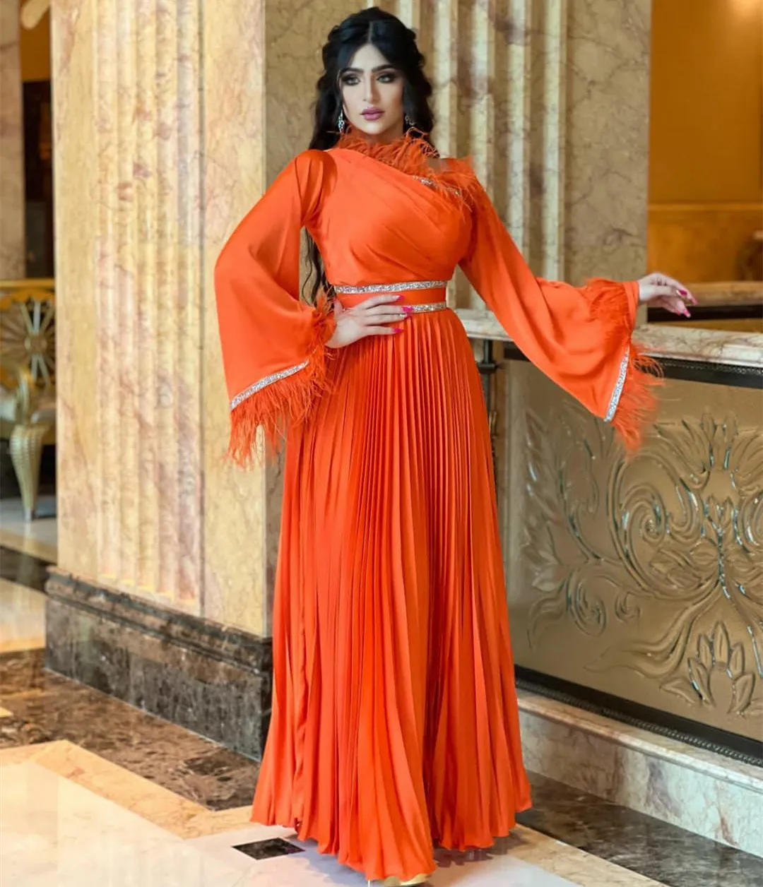 Orange Chiffon Prom Dresses for Musilm Long Feathers Puffy Sleeve Sequin Pleated A-Line Evening Dress vestidos 2023
Orange Chiffon Prom Dresses for Musilm Long Feathers Puffy Sleeve Sequin Pleated A-Line Evening Dress vestidos 2023