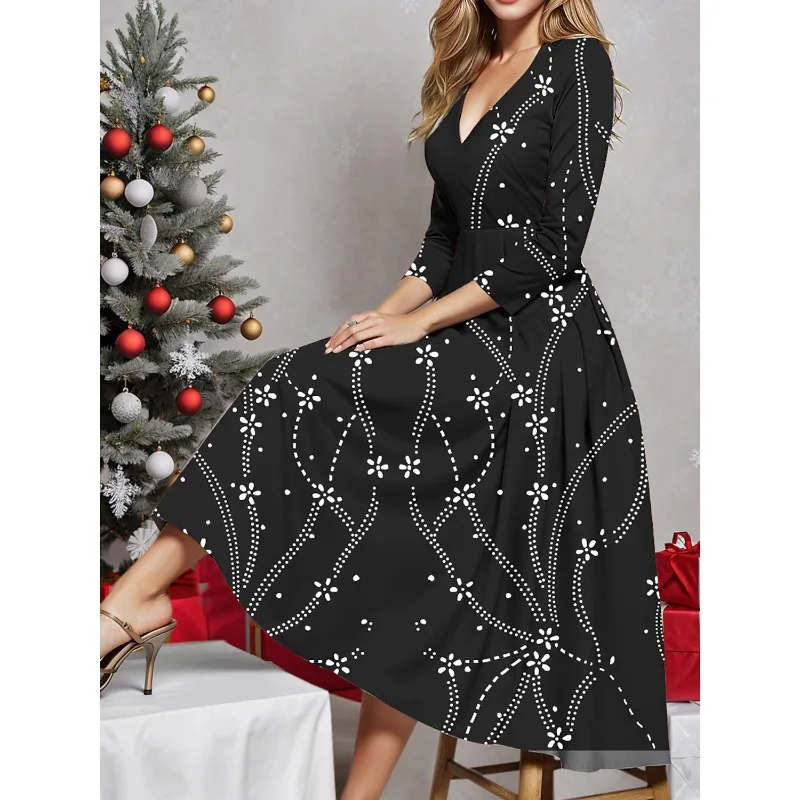 

Women's Casual Snowflake Printed Christmas Winter Dress Temperament Commuting Woman Fashion High Waist Elegant Dresses