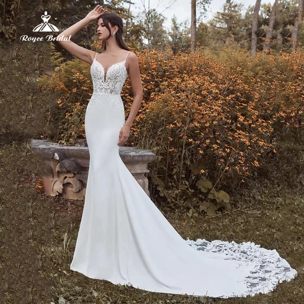 Roycebridal Spaghetti Straps V Neck Wedding Dress Open Back Lace Appliquies Mermaid Customized Bridal Gown Vestidos de Novia
Roycebridal Spaghetti Straps V Neck Wedding Dress Open Back Lace Appliquies Mermaid Customized Bridal Gown Vestidos de Novia