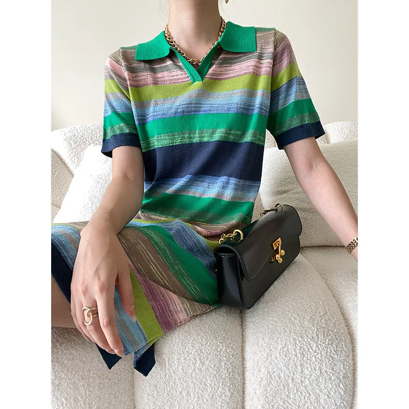 Rainbow Striped Polo Collar Shift Dress 2022 New Summer Women's Design Sense Niche Fashion Trend Chic Midi Skirt
Rainbow Striped Polo Collar Shift Dress 2022 New Summer Women's Design Sense Niche Fashion Trend Chic Midi Skirt