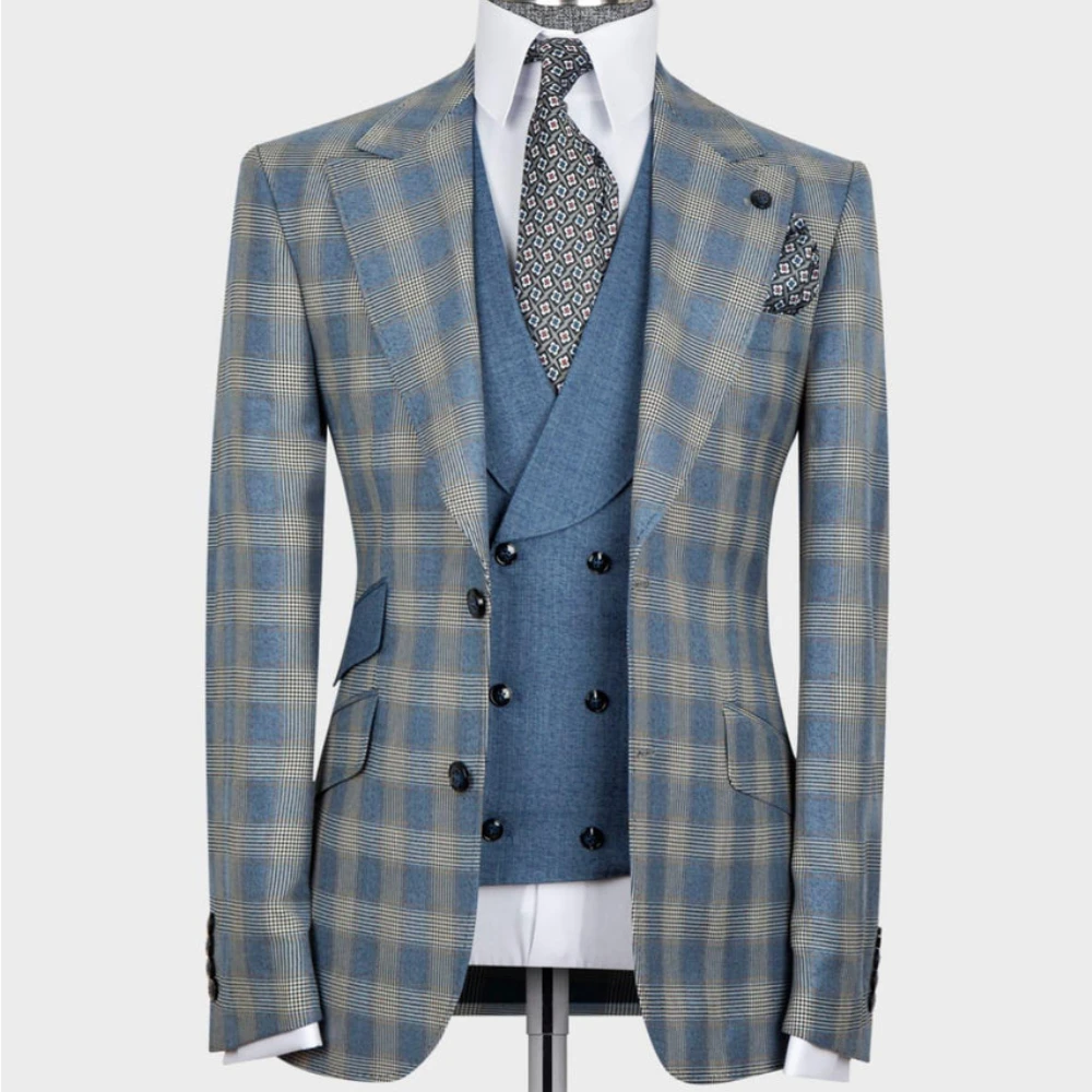 

New In Blue Plaid Mens Suits for Wedding Groom Tuxedo Fashion Checked 3 Pieces Jacket Vest Pants Formal Business Party Blazer