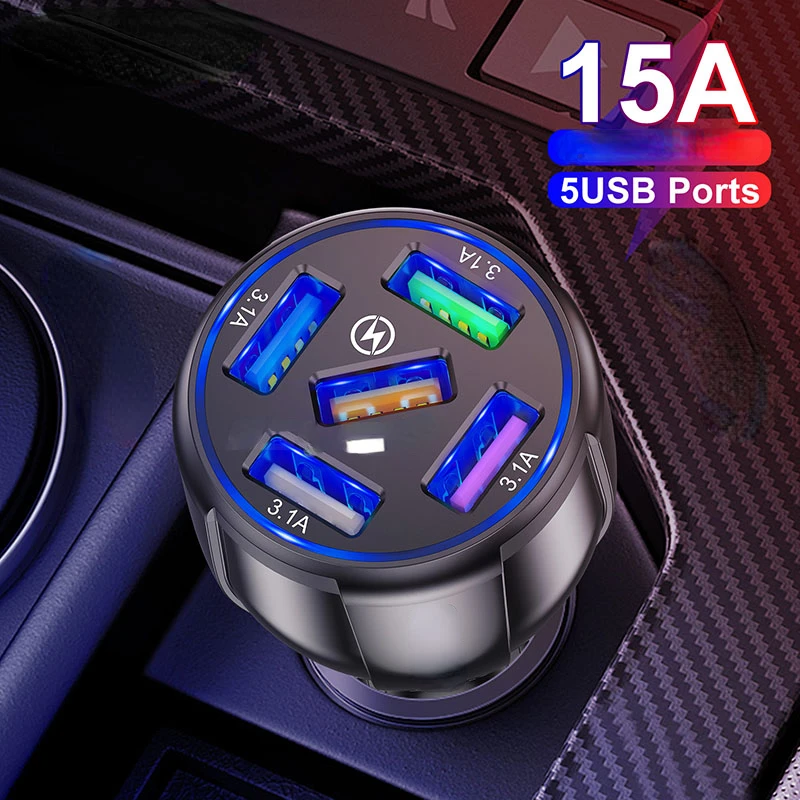 15A 5 Ports USB Car Charge Quick Mini LED Fast Charging For iPhone 12 Mobile Phone Charger Adapter in Car
15A 5 Ports USB Car Charge Quick Mini LED Fast Charging For iPhone 12 Mobile Phone Charger Adapter in Car