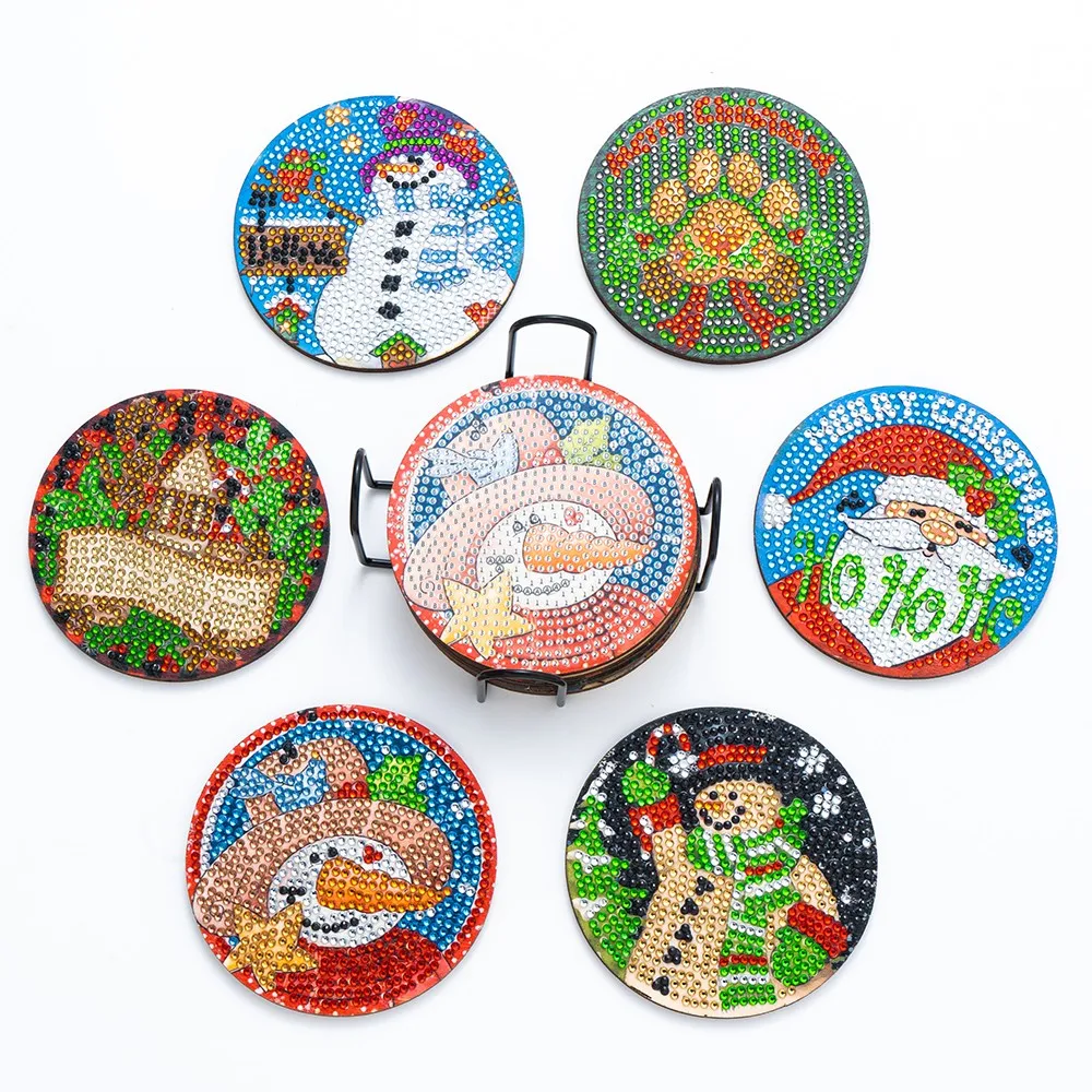 

6Pcs DIY Diamond Painting Coaster Christmas Round Placemat Pad with Holder Santa Claus Insulation Pad Cup Mat Home Table Decor