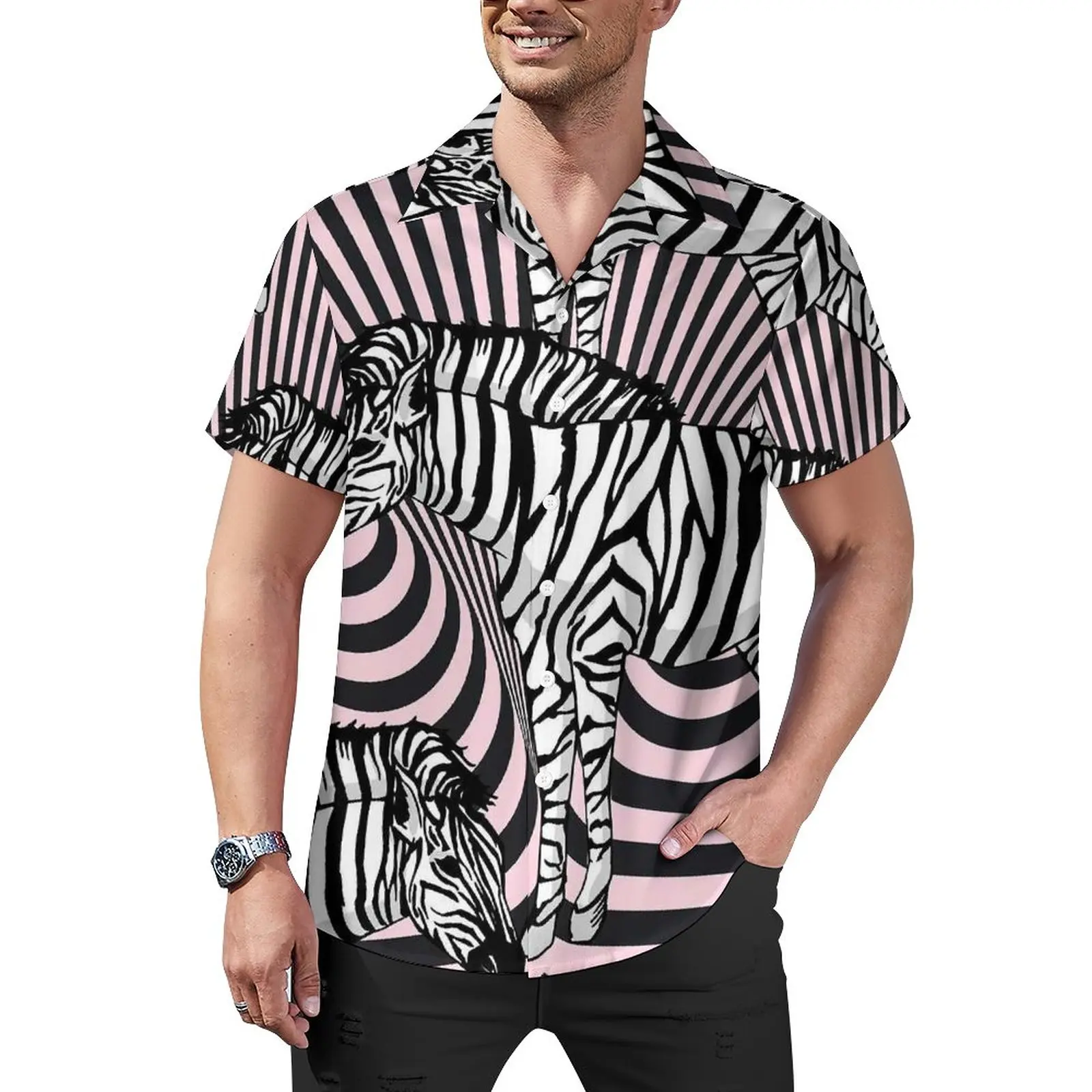 

Zebra Print Watercolor Blouses Men Trendy Abstract Stripes Casual Shirts Hawaii Short-Sleeve Street Style Oversize Beach Shirt