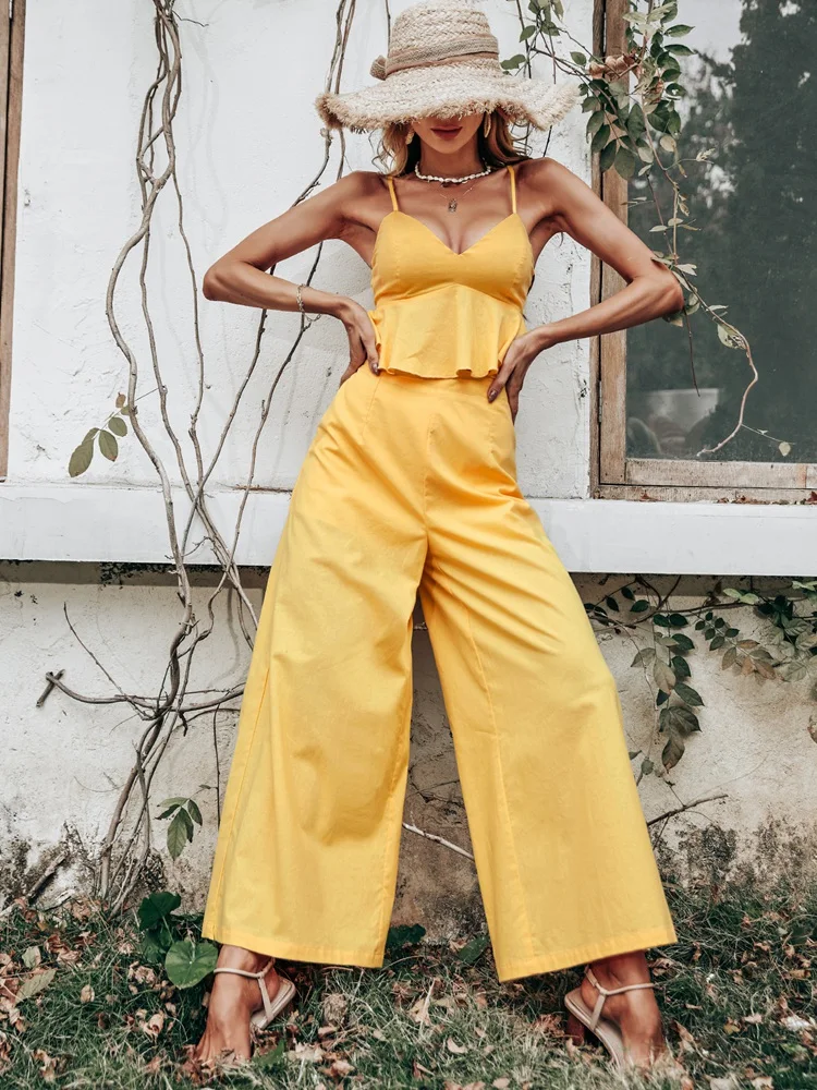 2022 New Spring Summer Yellow Vest Top For Women's Blackless Sexy Suspender Wide Leg Pant Two Piece Suit
2022 New Spring Summer Yellow Vest Top For Women's Blackless Sexy Suspender Wide Leg Pant Two Piece Suit