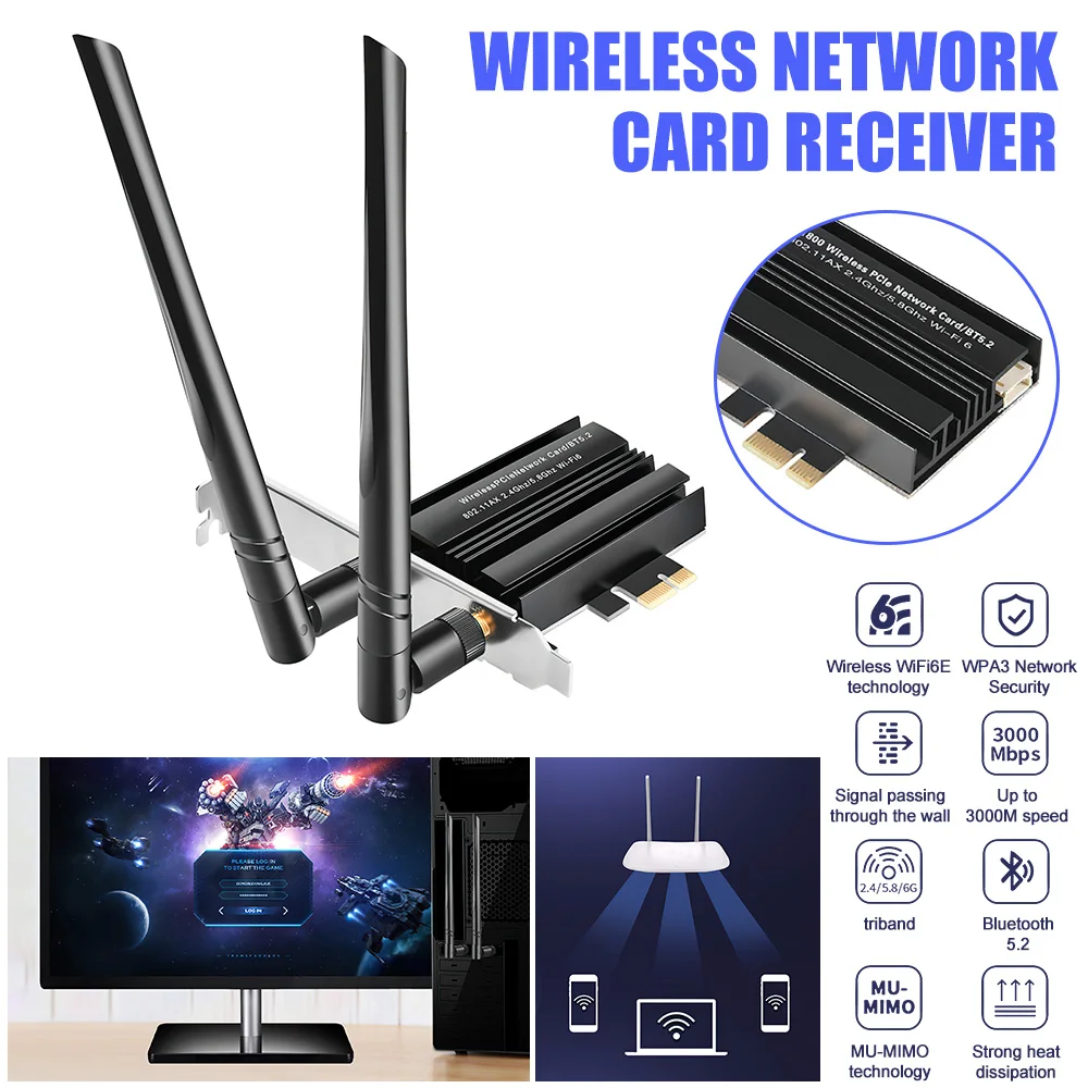 3000 Мбит/с WiFi 6E Intel AX3000 Bluetooth 5,2 двухдиапазонный 2,4G/5 ГГц беспроводная сетевая карта 802.11AX/AC PCI-E WiFi адаптер для ПК
3000 Мбит/с WiFi 6E Intel AX3000 Bluetooth 5,2 двухдиапазонный 2,4G/5 ГГц беспроводная сетевая карта 802.11AX/AC PCI-E WiFi адаптер для ПК