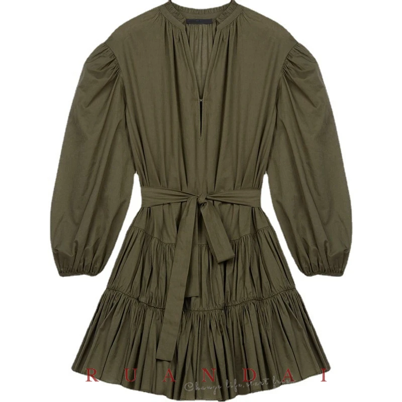 Cotton Lantern Long Sleeve for RUANDAI 2022 Summer New Military Green V-neck Pullover Waist Bow Tied Dresses Women
Cotton Lantern Long Sleeve for RUANDAI 2022 Summer New Military Green V-neck Pullover Waist Bow Tied Dresses Women