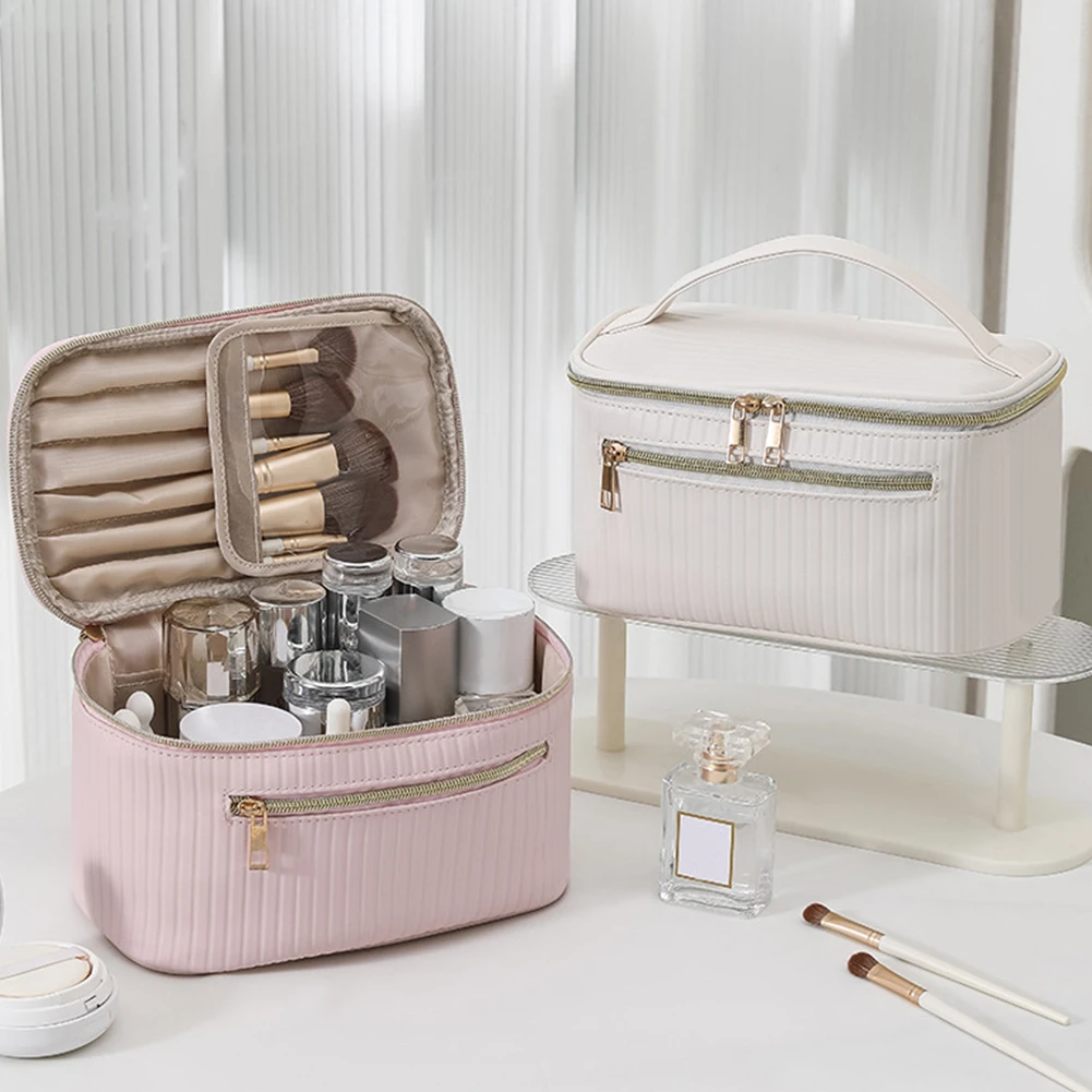 Leather Toiletry Bag Large Opening Design Cosmetic Organizer with Handle and Divider Place Skin Care Products and Makeup Brushes 
Leather Toiletry Bag Large Opening Design Cosmetic Organizer with Handle and Divider Place Skin Care Products and Makeup Brushes