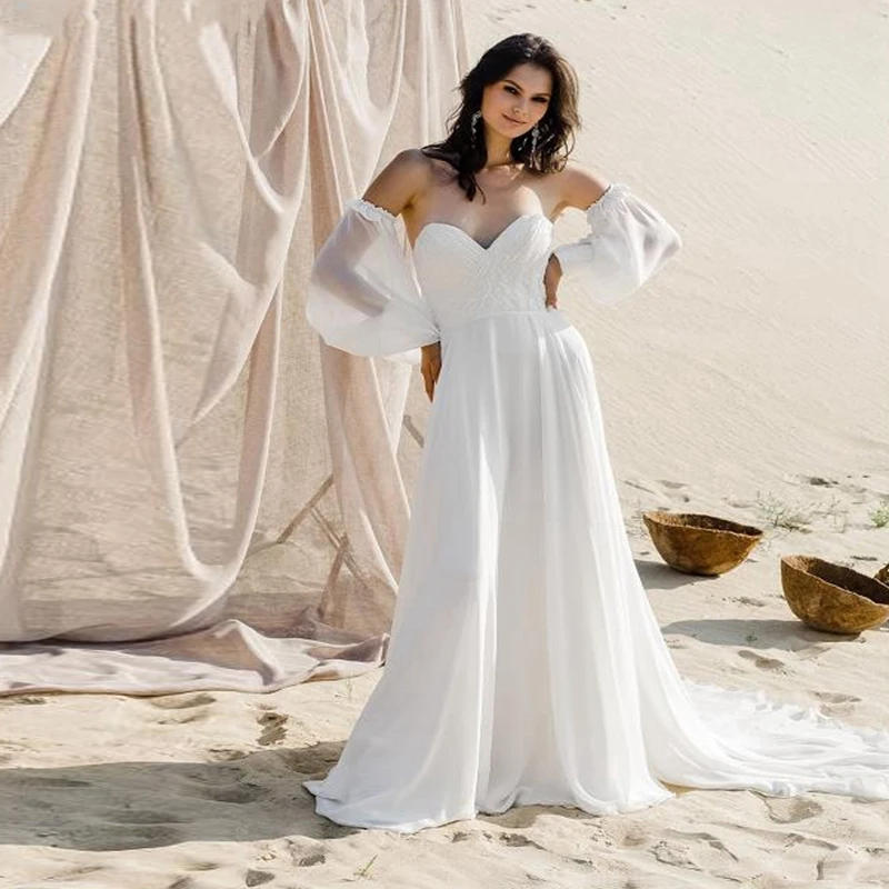 13700# Elegant Open Back Detachable Sleeves Wedding Dress Sweep Train Chiffon Sweetheart Boho Strapless Sweep Train Bridal Gown
13700# Elegant Open Back Detachable Sleeves Wedding Dress Sweep Train Chiffon Sweetheart Boho Strapless Sweep Train Bridal Gown