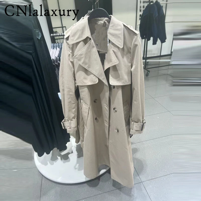 

CNlalaxury Women Khaki Pocket Trench New Lapel Long Sleeve Loose Fit Windbreaker Fashion Coat Spring Autumn 2023