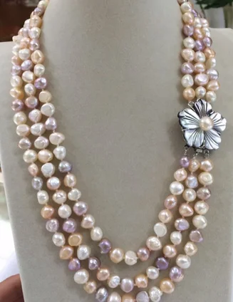 

NEW 3row 8-9mm Baroque White Pink Purple multicolor Freshwater Pearl Necklace 17-19"inches shell flowers clasp