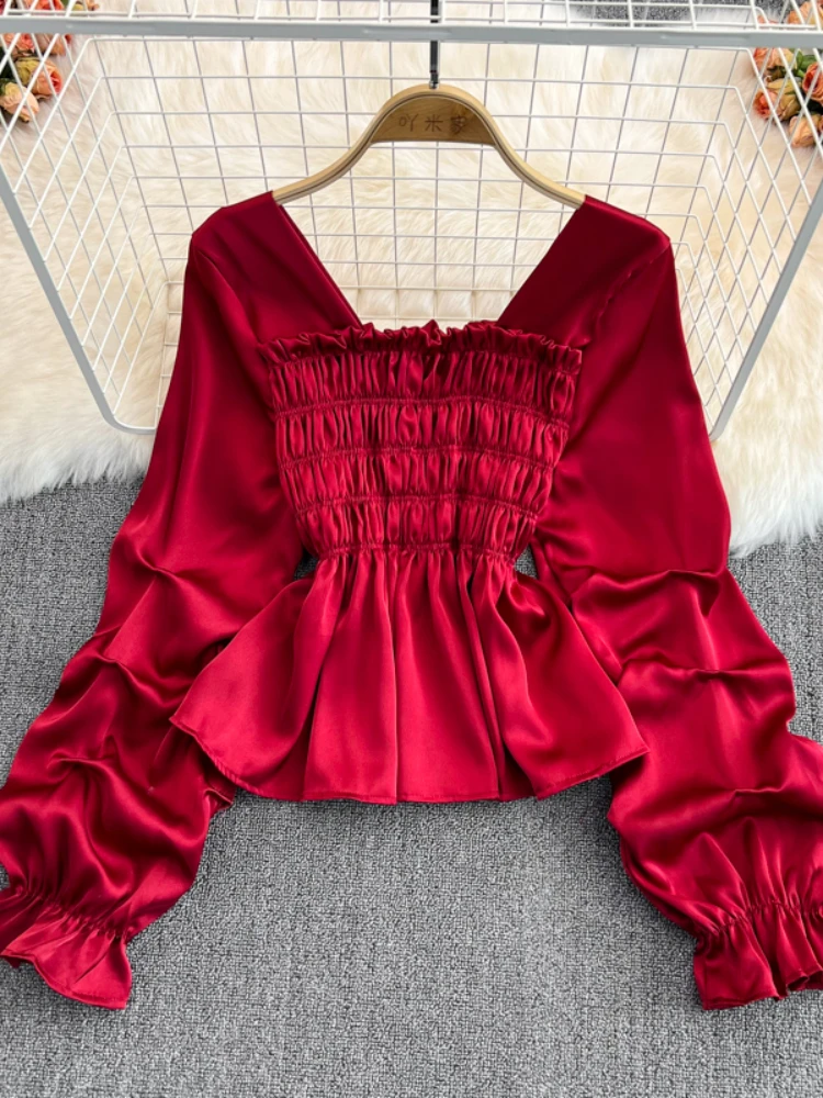 NEW Arrived Ladies Satin Square Neck Elastic Lace Up Stain Shirt Women's Long Lantern Sleeve Shirts Female Pullover Blouses
NEW Arrived Ladies Satin Square Neck Elastic Lace Up Stain Shirt Women's Long Lantern Sleeve Shirts Female Pullover Blouses