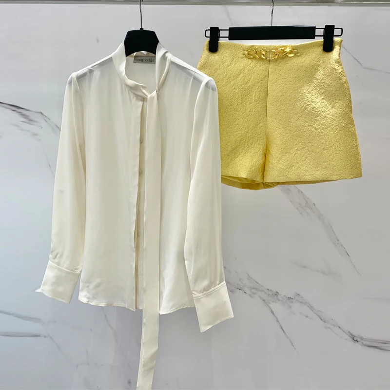 Women Elegant Shorts Suit Fashion Runway Long Sleeve Lapel Single Breasted White Silk Shirt Gentle Casual High Waist Gold Shorts
Women Elegant Shorts Suit Fashion Runway Long Sleeve Lapel Single Breasted White Silk Shirt Gentle Casual High Waist Gold Shorts