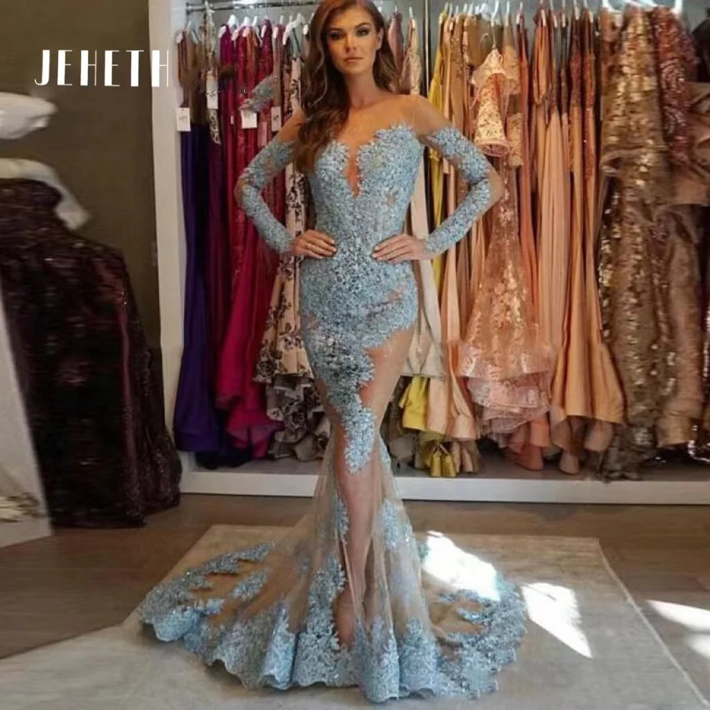 JEHETH Sexy Appliques V-neck Evening Dresses Mermaid Long Sleeve Party Prom Gown Sweep Train Lace Illusion Backless Abendkleider
JEHETH Sexy Appliques V-neck Evening Dresses Mermaid Long Sleeve Party Prom Gown Sweep Train Lace Illusion Backless Abendkleider