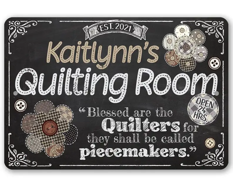 Tin - Personalized Quilting Room Metal Sign - 8" x 12" or 12" x 18" Use Indoor/Outdoor - Gift for Quilters
Tin - Personalized Quilting Room Metal Sign - 8" x 12" or 12" x 18" Use Indoor/Outdoor - Gift for Quilters