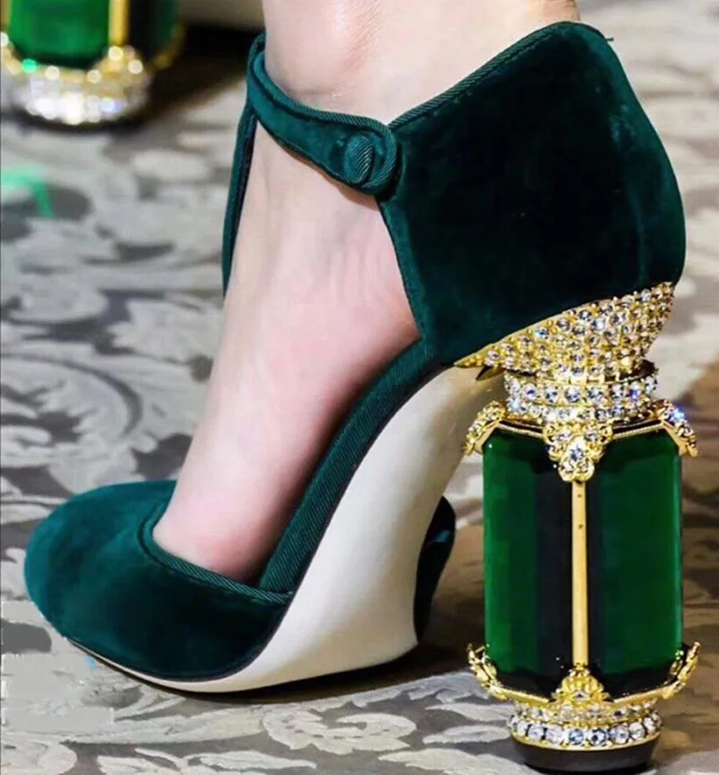 

Luxury Jewel Chunky Heels Women Pumps T Strap Mary Janes Square Heel Shoes Green Purple Velvet Banquet Dress Shoes