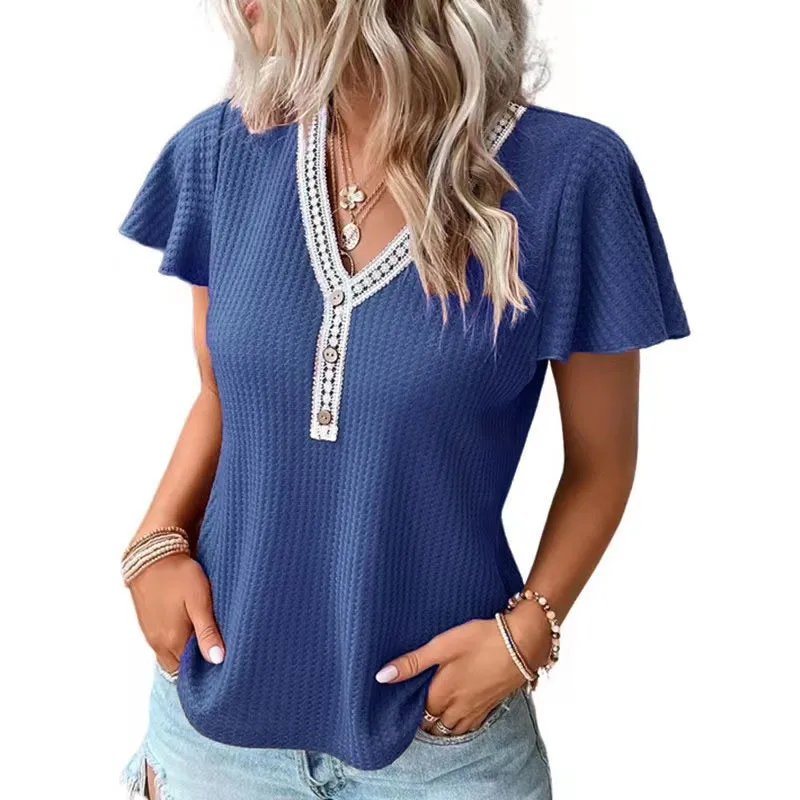 Patchwork V-Neck Women Fashion Shirts Summer Short Sleeve Streetwear Blouses Dark Blue Solid Color Casual Shirt Tops Pullovers
Patchwork V-Neck Women Fashion Shirts Summer Short Sleeve Streetwear Blouses Dark Blue Solid Color Casual Shirt Tops Pullovers