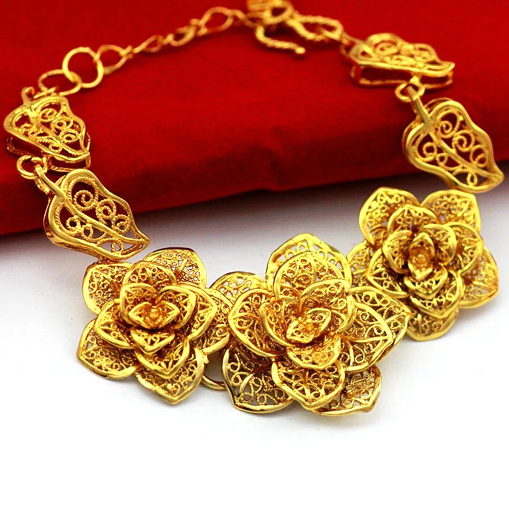 

Luxury Filigree Flower Shaped Women Bracelet Wrist Chain 18k Yellow Gold Filled Wedding Engagement Bride Jewelry Gift