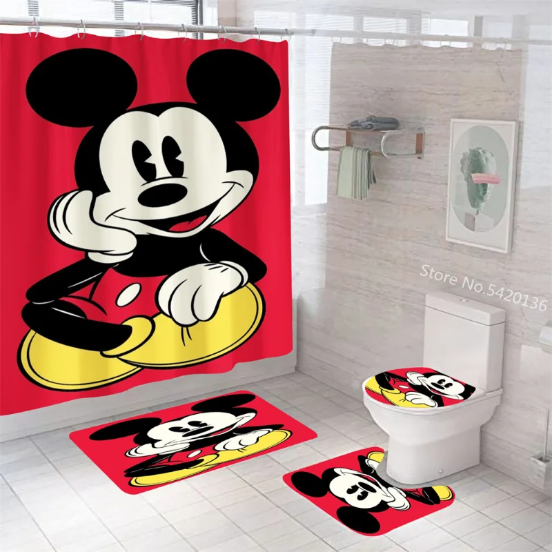 

Disney Mickey Minnie Mouse Print Shower Curtain Carpet Black and White Toilet Cover Bath Mat Rug Pad Set Bathroom Christmas Gift