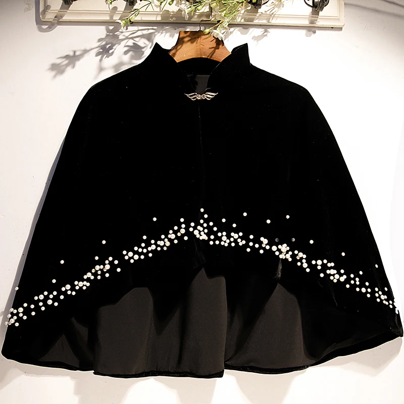 

Stand-up Collar Beading Velvet Cape Cloak Shawl Autumn Winter French style Vintage Cheongsam short outwear