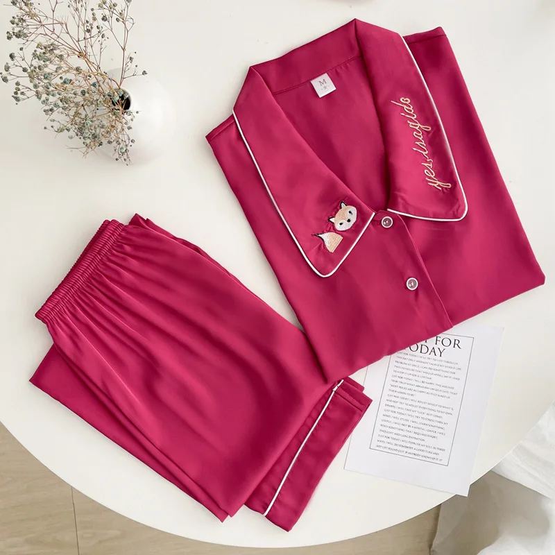 Cartoon Spring Autumn Full Sleeve Sleepwear Sets Female Faux Silk 2PCS Pajamas Casual Turn-down Collar Nightwear Loose Homewear
Cartoon Spring Autumn Full Sleeve Sleepwear Sets Female Faux Silk 2PCS Pajamas Casual Turn-down Collar Nightwear Loose Homewear