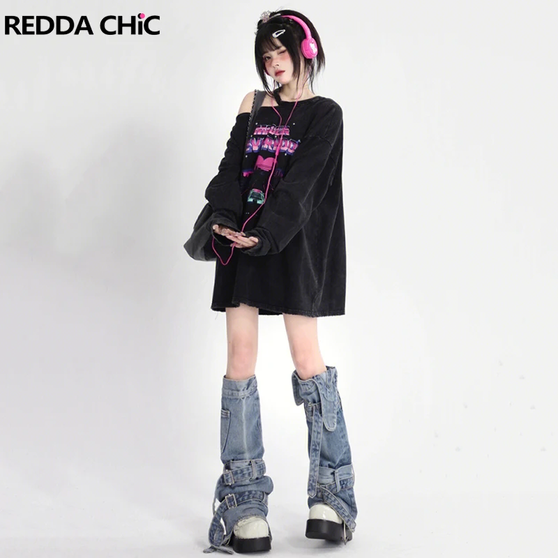 

REDDACHiC Warm Winter Leg Warmers Gothic Women's Gaiter Grunge Y2k Bandage Boots Cover Long Thigh-high Socks Denim Grayu Fashion