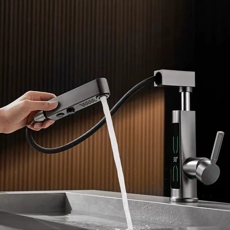 Gun gray single hole lifting and rotating digital display atmosphere light pull-out dual mode bathroom basin hot and cold faucet 
Gun gray single hole lifting and rotating digital display atmosphere light pull-out dual mode bathroom basin hot and cold faucet