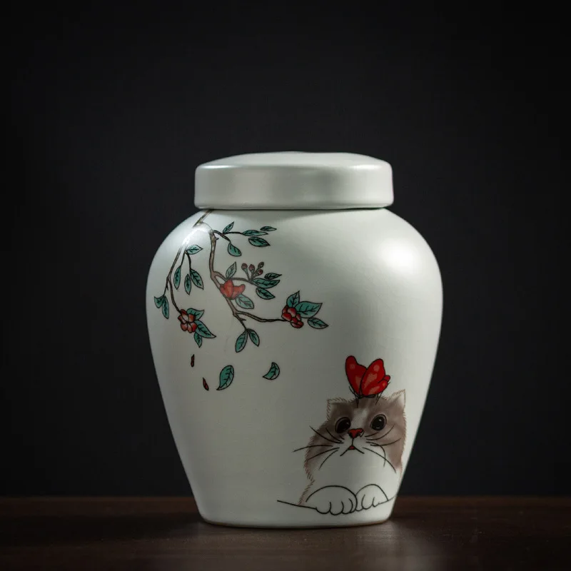 

Ru Kiln Tea Jar Ceramic Sealed Can Tea Warehouse Household Storage Tank Gracked Glaze Ice Crack Storage Tea Caddy Pu'er Waking