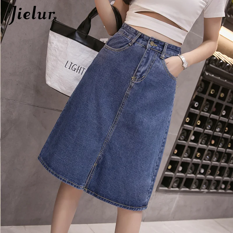 

Jielur Summer Jeans Skirt Women Young Chic Harajuku Skirts Denim Ladies Novelty Street Leisure High Waist A Line Blue Jupe Femme