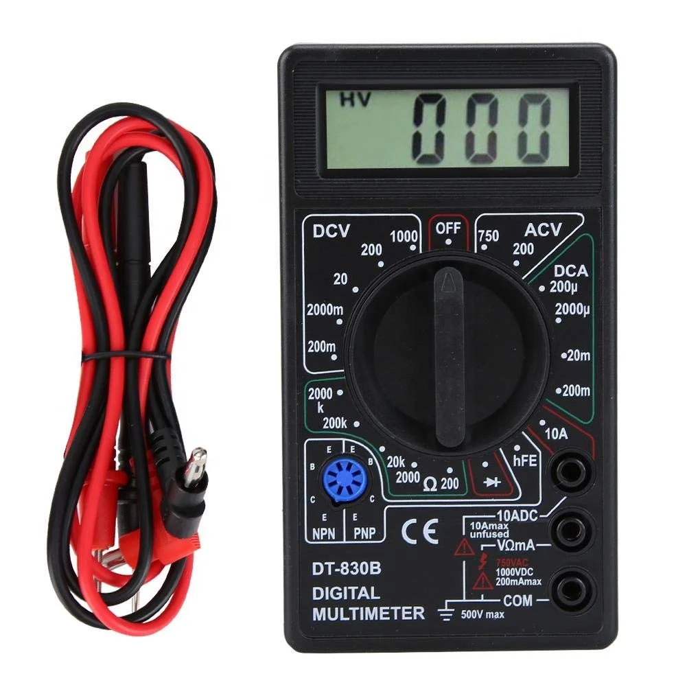Digital Multimeter DC AC Voltmeter Ammeter Ohm Diode Tester Meter Check and HFE Overload Protection DT830B 
Digital Multimeter DC AC Voltmeter Ammeter Ohm Diode Tester Meter Check and HFE Overload Protection DT830B