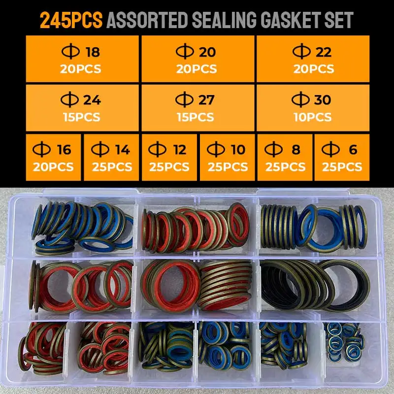 

Pousbo® 100pcs/ 245pcs Assorted Sealing Gasket Set High Press Hydralic Rubber Oil Pipe Seal Gasket NBR Metal Seal Ring Kits