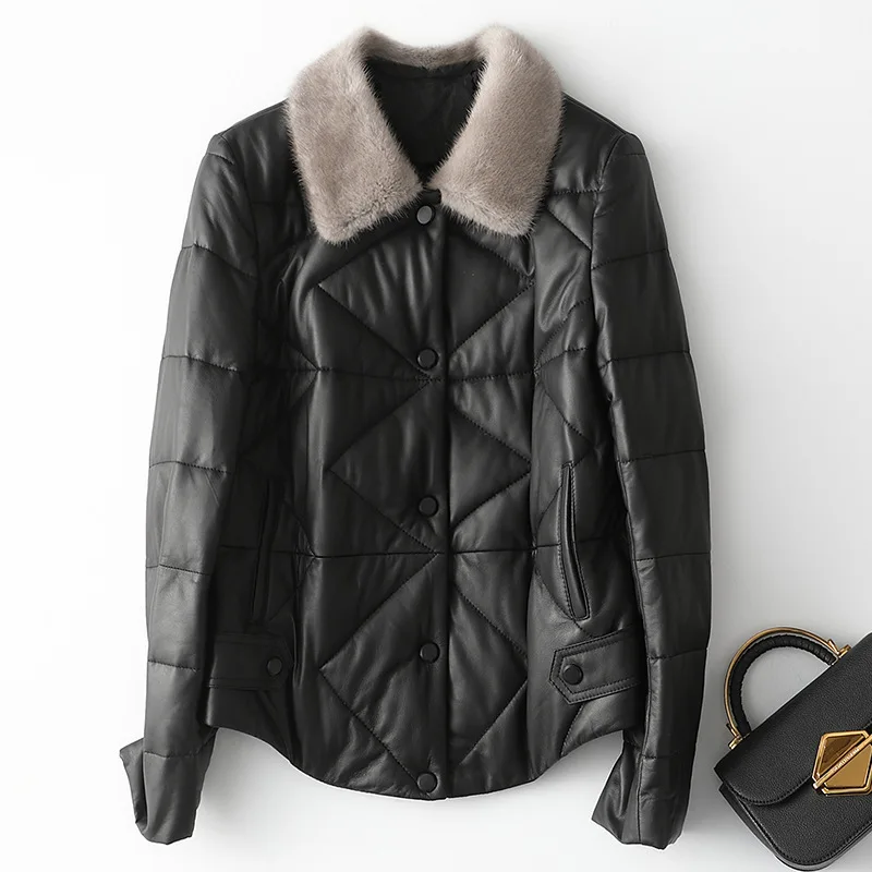 Winter New High Quality Natural Leather Coat Women Short Slim Fashion Mink Fur Collar PU Jacket Female Double-faced 
Winter New High Quality Natural Leather Coat Women Short Slim Fashion Mink Fur Collar PU Jacket Female Double-faced